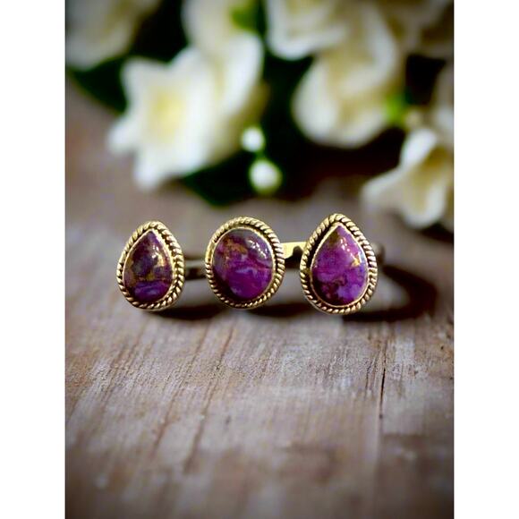 Unique Purple Copper Turquoise Double Finger Teardrop Sterling Silver Ring 8-9 - Picture 1 of 4
